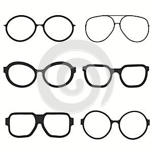 Black glasses rim. Eyeglasses and sunglasses collection vector illustration. Vintage, classic and modern style glasses