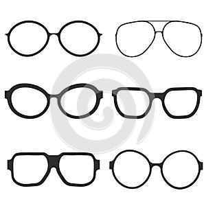 Black glasses rim. Eyeglasses and sunglasses collection vector illustration. Vintage, classic and modern style glasses rim