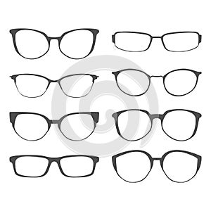 Black glasses rim. Eyeglasses and sunglasses collection. Vintage, classic and modern style glasses rim silhouette