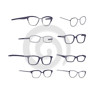 Black glasses rim. Eyeglasses and sunglasses collection. Vintage, classic and modern style glasses rim silhouette