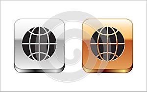 Black Global technology or social network icon isolated on white background. Silver-gold square button. Vector