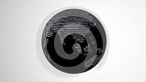 Black globe with binary code map rotating on a white background