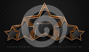 Black glossy 5 star top rank logo badge frame. Luxury gold polygonal stone sign, golden rim border, black background. Abstract