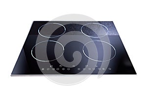 Black glossy built in ceramic glass induction or electric hob stove cooker with four burners, isolated on white