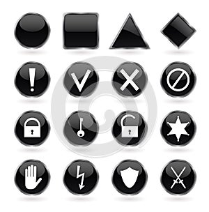 Black glossy buttons with security, hazard, warnin