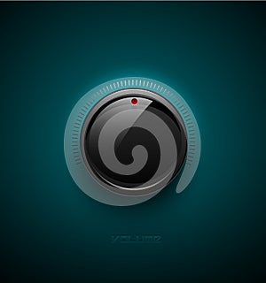 Black glossy interface button for volume control with reflect and shadow. Vector illustration. Sound icon, music knob with scale