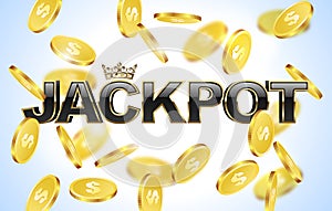 Black glossy jackpot text with crown in golden frame and falling coins background.