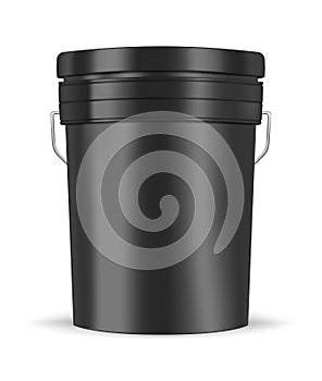 Black glossy metal or plastic bucket with handle , realistic vector mockup illustration. Pail container, template