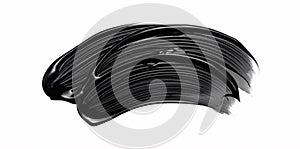 A black glossy paint or cosmetic swatch with a distinct texture