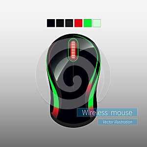 Black glossy realistic wireless computer mouse on white background.