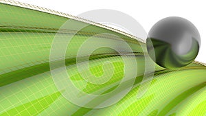 Black glossy sphere over a green waving sufrace - 3D rendering illustration