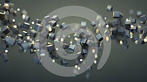 Black and glowing cubes are flying spirally 3D render illustration