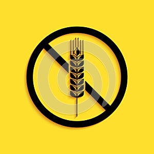 Black Gluten free grain icon isolated on yellow background. No wheat sign. Food intolerance symbols. Long shadow style