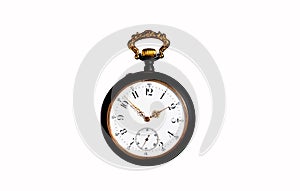 Black with gold antique pocket watch on white isolated background. Retro pocketwatch with second, minute, hour hands and