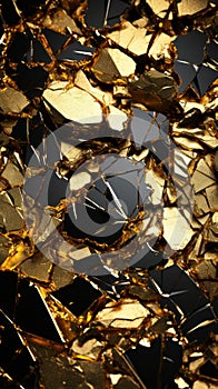 a black and gold background with broken pieces of glass