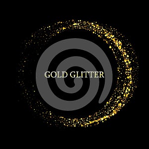 Black and gold background with circle frame and space for text. Vector glitter decoration, golden dust. eps10