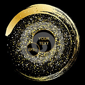 Black and gold background with circle frame and space for text. Vector glitter decoration, golden dust.