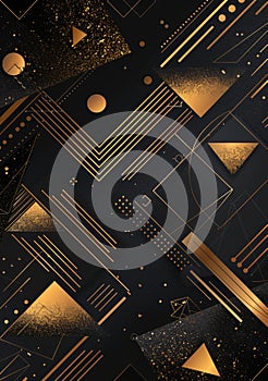 A black and gold background with geometric shapes, featuring golden patterns and textures