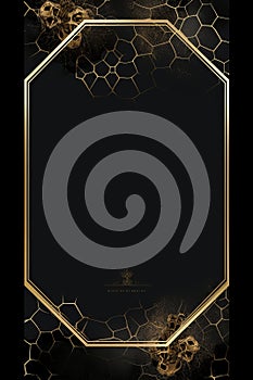a black and gold background with a hexagonal frame
