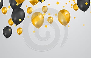 Black and Gold balloons with confetti on white background. Celebration background design