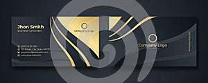 Black and gold business card design template vector. Double-sided creative business card template. Layout landscape orientation.