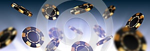 Black gold casino chips falling in different positions on light background. Golden poker chips horizontal web banner base or site