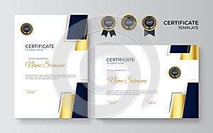 Black and gold certificate of achievement template with gold badge and border. Certificate template with golden decoration element