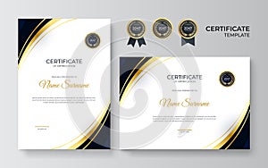 Black and gold certificate of achievement template with gold badge and border. Certificate template with golden decoration element