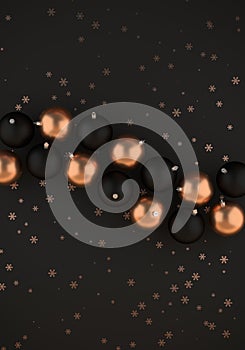 Black and gold christmas balls on dark gray background 3D illustration with copy space
