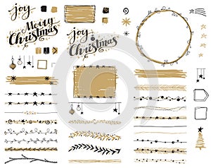 Black and Gold Christmas Journal Doodles Calligraphy Hand Drawn Flat Vector Illustration Design Element Set