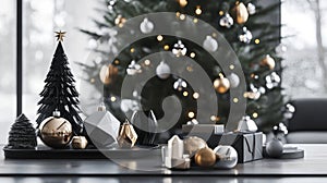 Black and Gold Christmas Ornaments and Decor on a Table