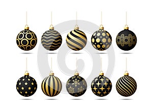 Black and Gold Christmas tree toy oe balls set isolated on a white background. Stocking Christmas decorations. Vector object for