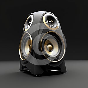 Contemporary Black And Gold 3d Speaker On Black Background photo