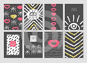 Black and Gold Design Card Template Set with Lips and Eyes. Abstract Posters Banners Brochure Cover