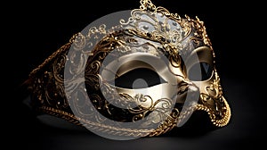 A black with gold detail half face carnival mask festival beautiful with dark studio background for concept and commercial used