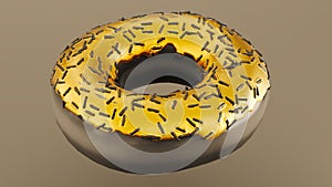 black and gold donut with black glaze isolated on dark background,