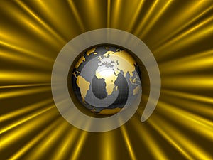 Black, gold earth globe tearing away gravitational space