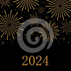 Black and gold fireworks vector poster, 2024 happy new year greeting card concept design, elegant luxury celebration background