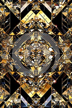 Black and gold and gems reflective chaotic geometric pattern, tetrahedron, triangles, cubes, squares