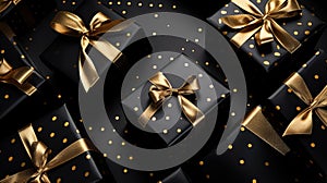 Black and gold gift boxes on black backgroun. Generative AI