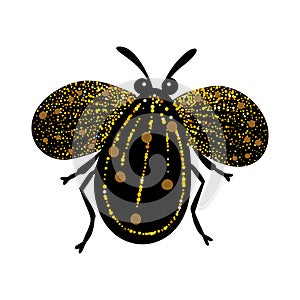 Black and gold glitter bug beetle, celestial vector fairy insect golden illustration