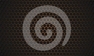 Black and gold hexagon carbon fiber texture. Golden honeycomb metal texture steel background.