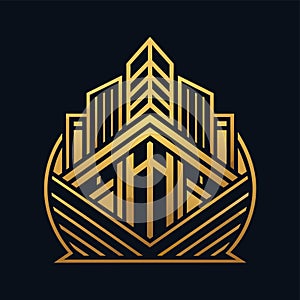 A black and gold logo featuring a city in the center, showcasing a geometric pattern, Create a minimalist logo with clean lines