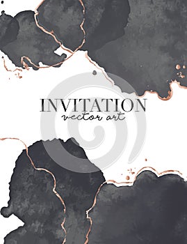 Black gold luxury design. Watercolor splash Vector vertical wedding invitation card with golden waves shapes. Trendy design for