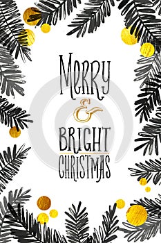 Black and Gold Merry Christmas Card. Golden Shiny Glitter and Watercolor Tree Branches. Calligraphy Greeting Poster Tamplate.