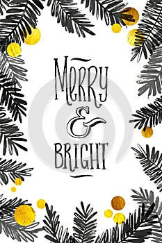 Black and Gold Merry Christmas Card. Golden Shiny Glitter and Watercolor Tree Branches. Calligraphy Greeting Poster Tamplate.