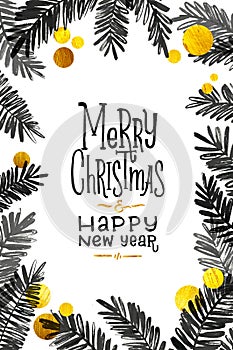 Black and Gold Merry Christmas Card. Golden Shiny Glitter and Watercolor Tree Branches. Calligraphy Greeting Poster Tamplate.