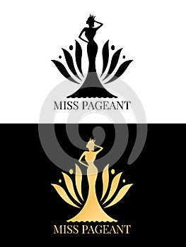 Black and gold Miss pageant logo sign with Beauty queen wear a crown and  flower backdrop vector design