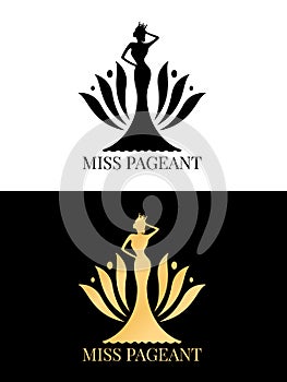 Black and gold Miss pageant logo sign with Beauty queen wear a crown and  flower backdrop vector design photo