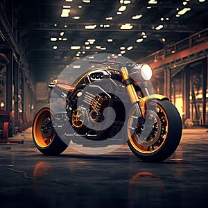 Black and gold motorcycle is parked in a dimly lit area. AI-generated.